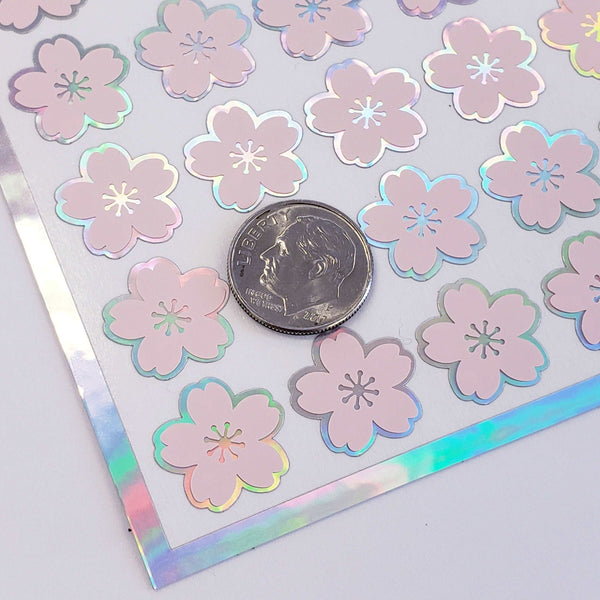 Pink Cherry Blossom Flower Stickers, set of 70 pale pink and silver Sakura flower stickers for spring weddings, small one half inch flowers.