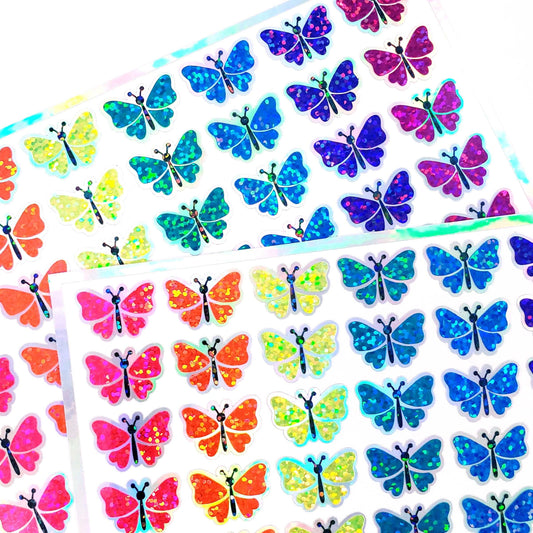 Butterfly Stickers, set of 49 cute neon bright rainbow color butterflies for Spring crafts, laptops, notebooks and journals, gold outline.