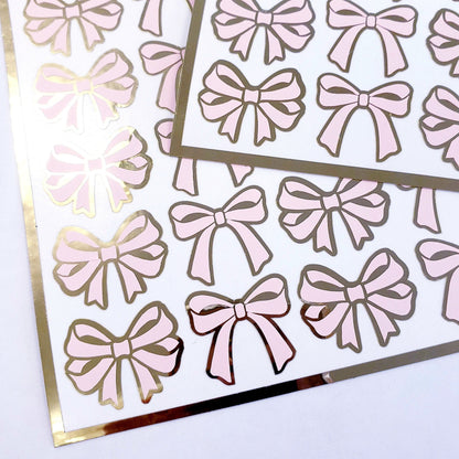 Bow Stickers, set of 28 pale pink and gold girly ribbon shaped decals, coquette aesthetic, peel and stick bows for cards, notebooks and more