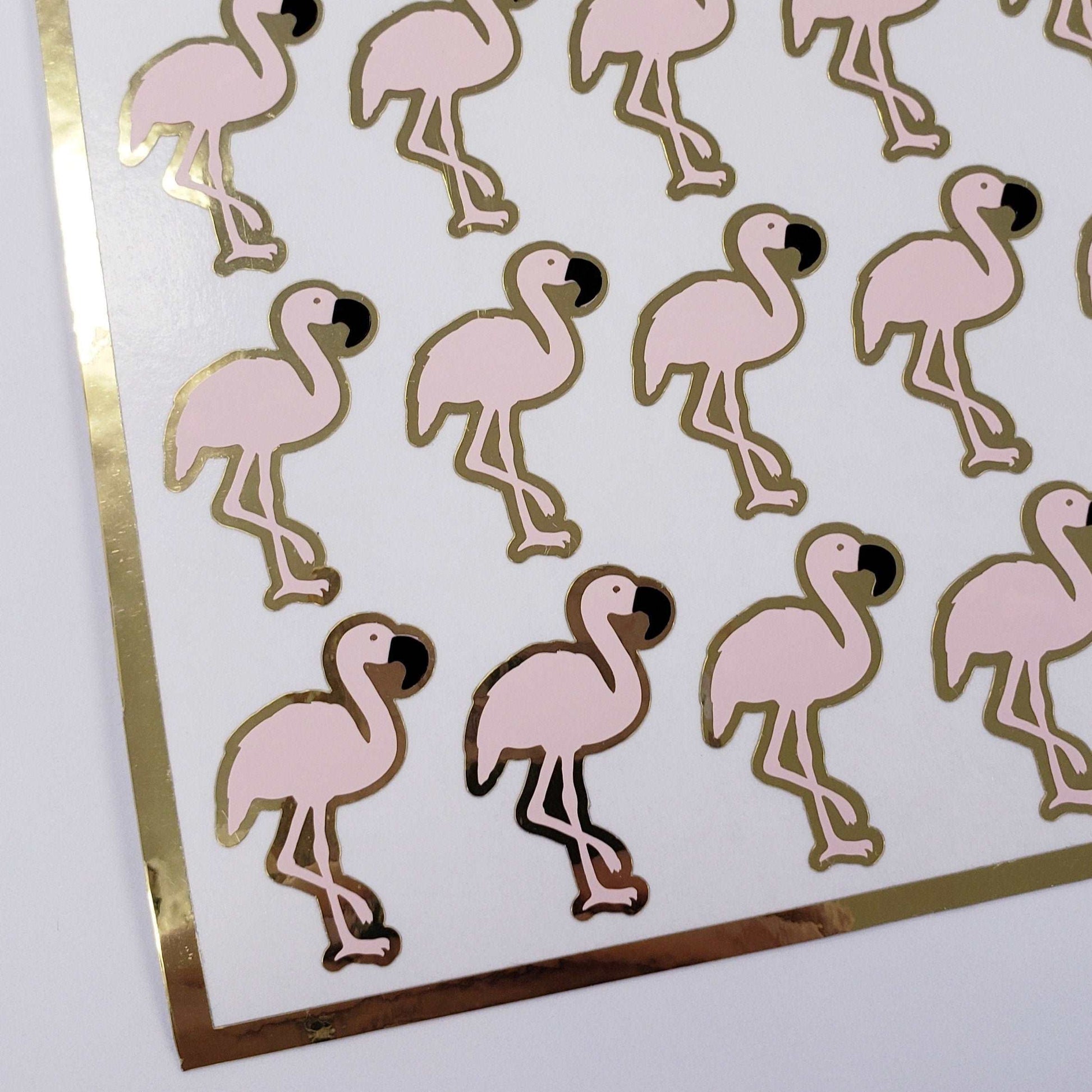 Flamingo Stickers, set of 25 blush pink and gold bird stickers for tropical themed parties, weddings and baby showers. Waterproof decals.