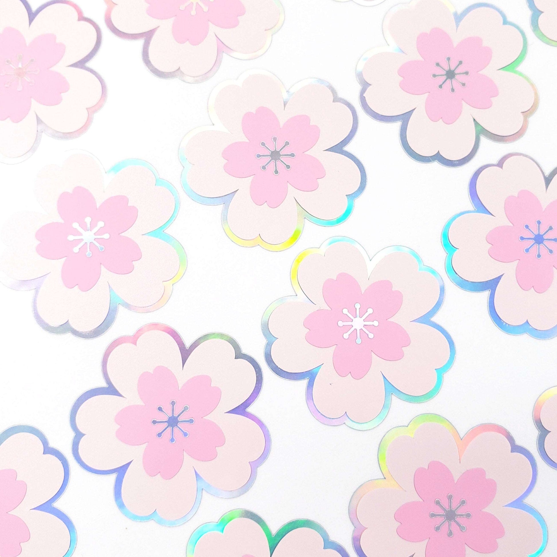 20 Holographic Cherry Blossom Stickers, Pink Sakura Flower Decals, Spring Crafts, Wedding Envelope Seals, Mother's Day Gift, peel and stick