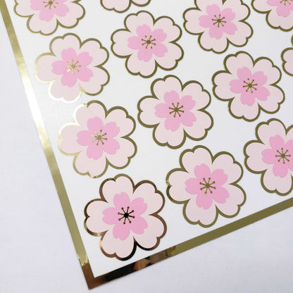 Set of 20 Pink and Gold Cherry Blossom Stickers, Sakura Flower Decals, Spring Crafts, Wedding Envelope Seals, Mother's Day Gift, waterproof.