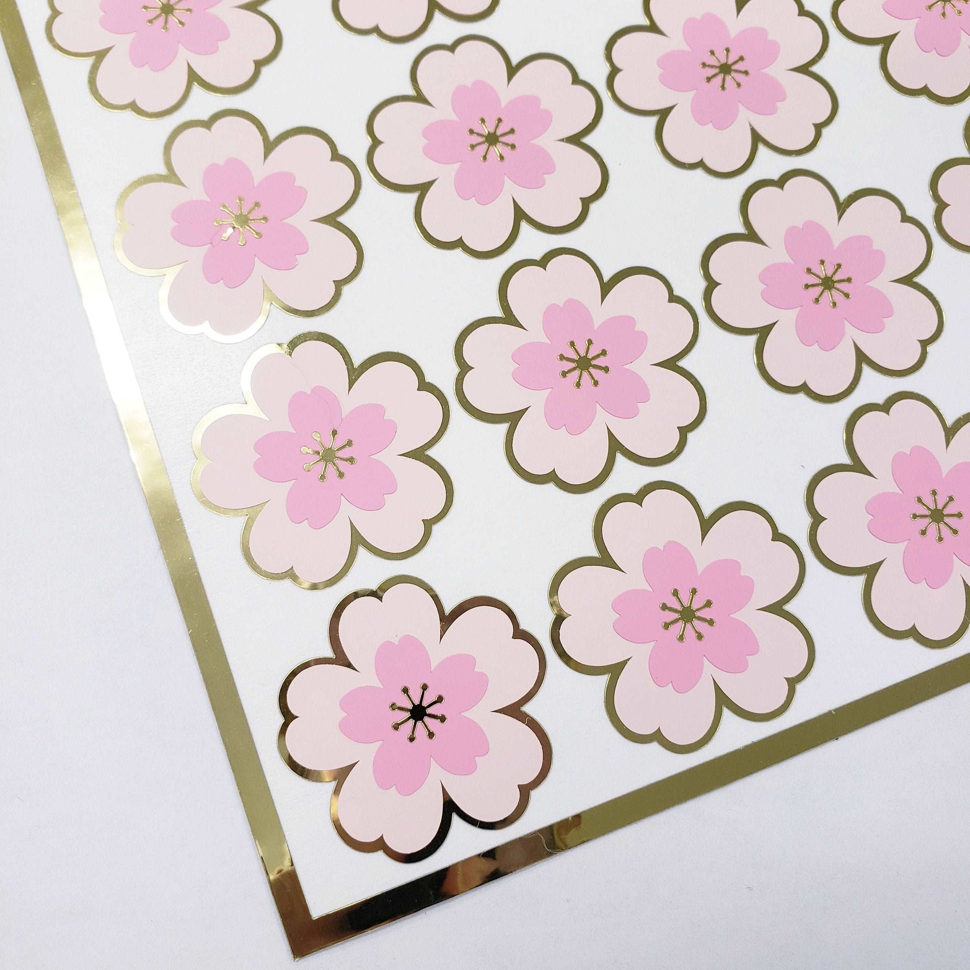 Set of 20 Pink and Gold Cherry Blossom Stickers, Sakura Flower Decals, Spring Crafts, Wedding Envelope Seals, Mother's Day Gift, waterproof.