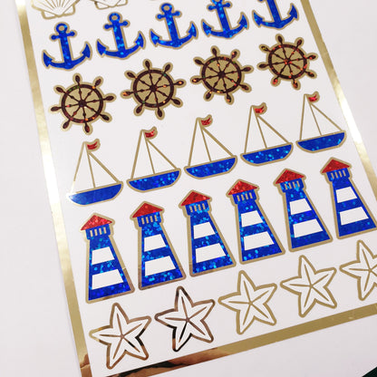 Nautical Glitter Stickers, set of 30 sailboats, anchors, lighthouses and seashells for journal, scrapbooks, beach weddings and pool party.