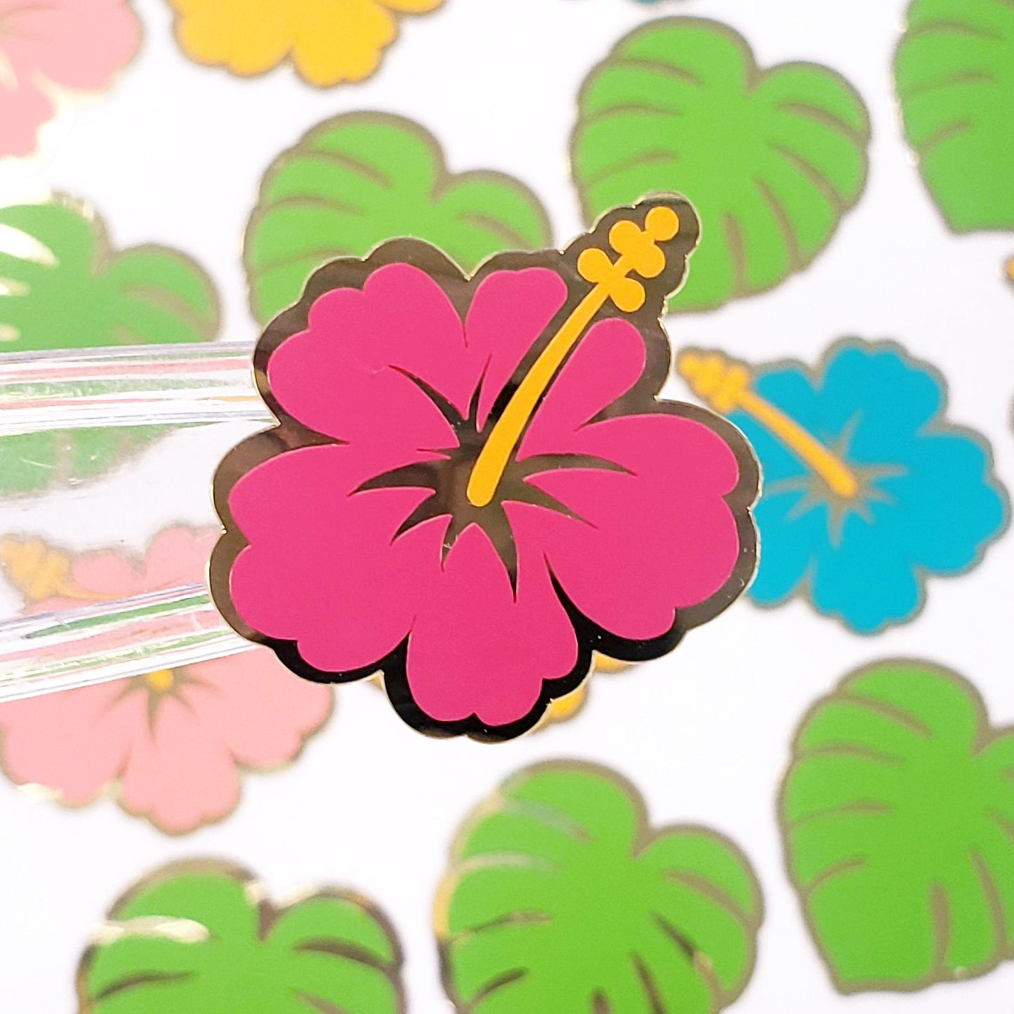 Tropical Flower Stickers, set of 20 hibiscus blooms and 15 monstera leaf stickers for journals, stationery and envelopes, bright colors.