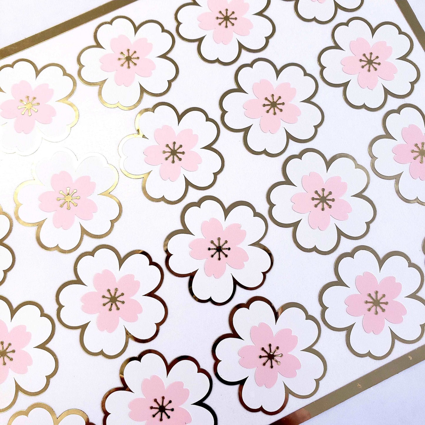 Set of 20 White Pink and Gold Cherry Blossom Stickers, Sakura Flower Decals, Spring Crafts, Wedding Envelope Seals, Mother's Day Gift.