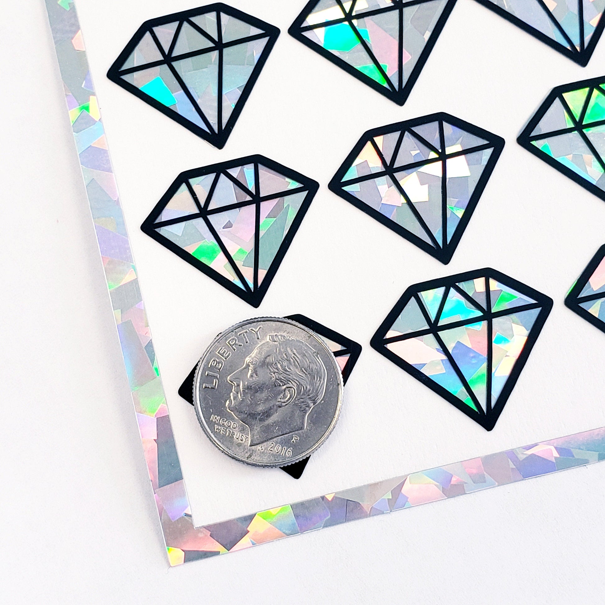 April birthstone stickers, diamond gemstone stickers, set of 40 small sparkly classic diamond shape decals for gifts, notes and scrapbooks.