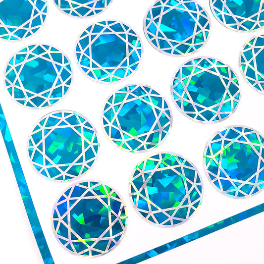 Birthstone stickers, set of 20 small sparkly round turquoise gemstone decals for gifts, notecards, journals and scrapbook embellishments.