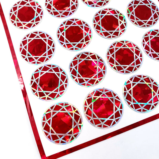 July Birthstone stickers, set of 20 small sparkly round red ruby gemstone decals for gifts, notecards, journals and scrapbook embellishments