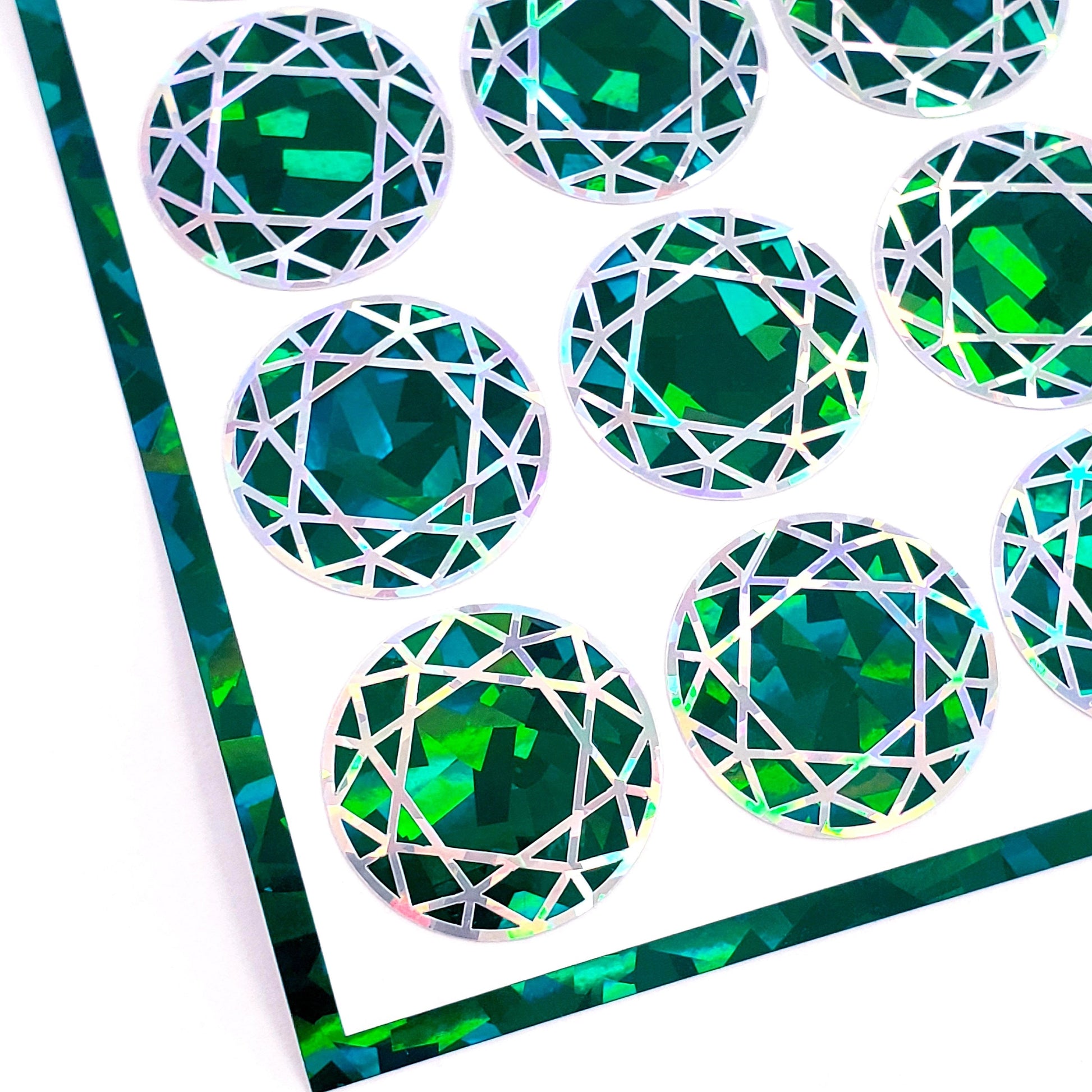 May Birthstone stickers, set of 20 sparkly round dark emerald green decals for gifts, notecards, journals and scrapbook page embellishments.