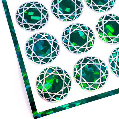 May Birthstone stickers, set of 20 sparkly round dark emerald green decals for gifts, notecards, journals and scrapbook page embellishments.