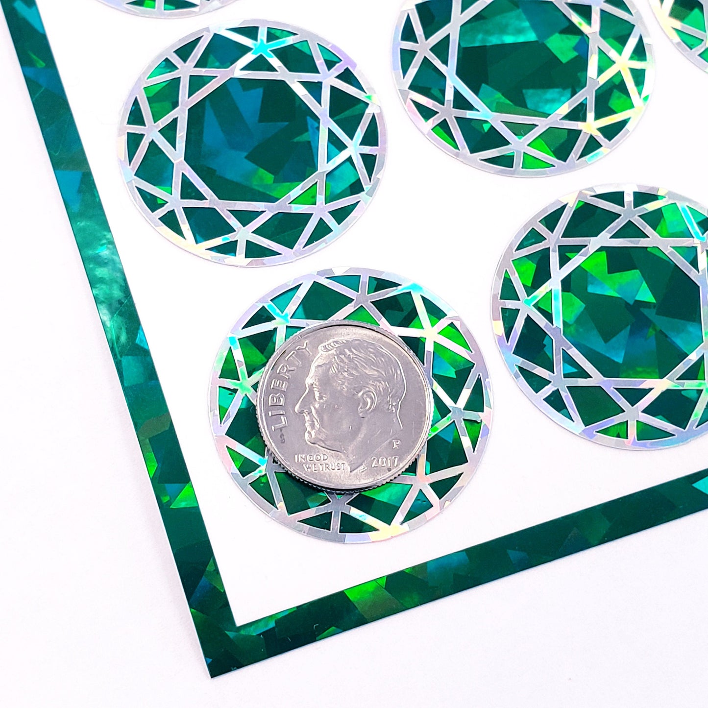 May Birthstone stickers, set of 20 sparkly round dark emerald green decals for gifts, notecards, journals and scrapbook page embellishments.