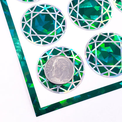 May Birthstone stickers, set of 20 sparkly round dark emerald green decals for gifts, notecards, journals and scrapbook page embellishments.
