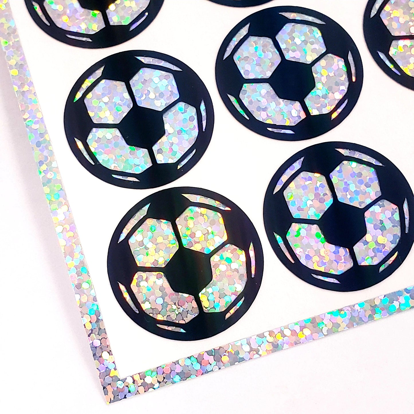 Soccer ball Stickers, set of 48 black and silver glitter stickers for kids sports, soccer birthday party decor, waterproof handmade stickers