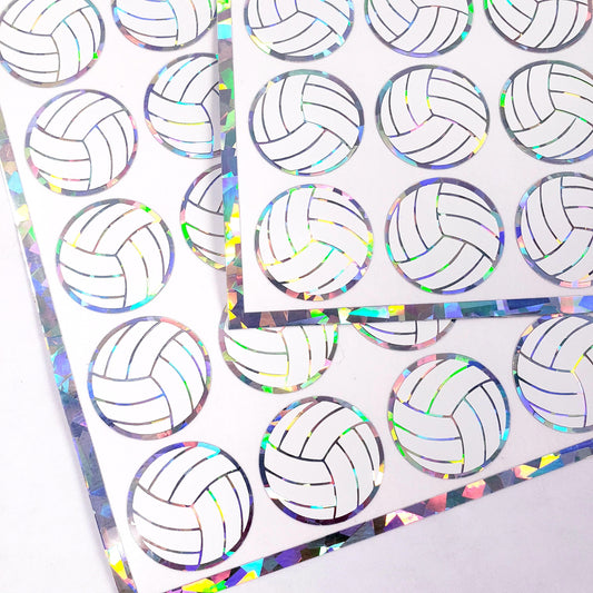 Volleyball Stickers, set of 48 white and silver glitter stickers for kids team sports, volleyball birthday party decor, waterproof.