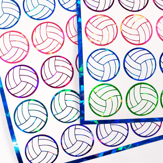 Volleyball Stickers, set of 48 white and multi color sparkly stickers for kids team sports, volleyball birthday party decor, waterproof.