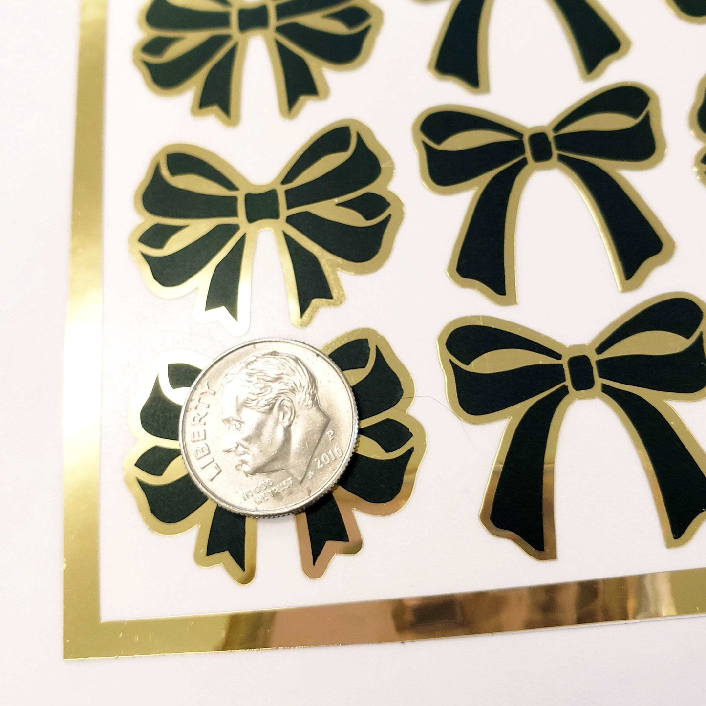 Bow Stickers, set of 28 black and gold ribbon shaped decals, coquette aesthetic, peel and stick bows for cards, invitations and envelopes.