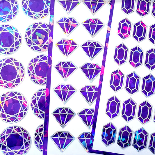 Purple Diamond Sticker Bundle, set of 96 sparkly faux amethyst gemstone stickers for February birthday, Aquarius zodiac gift, Free shipping.
