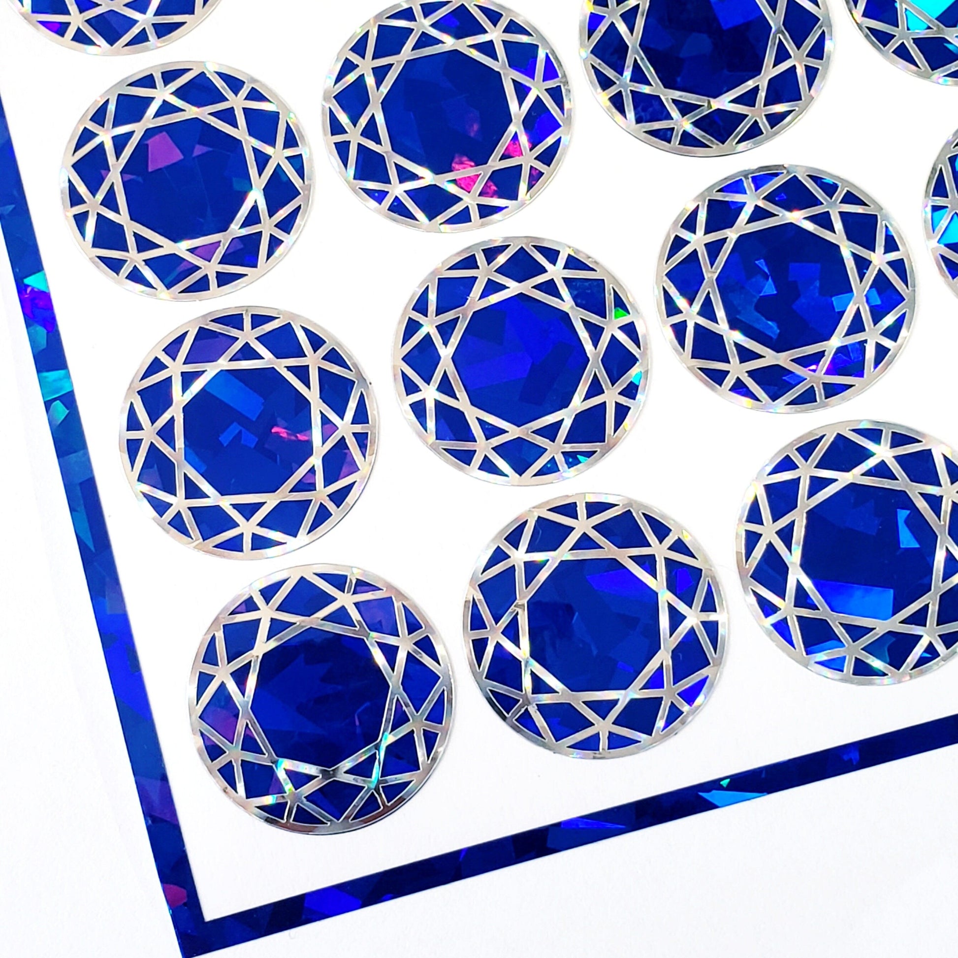Blue Diamond Stickers, set of 20 sparkly faux sapphire gemstone round stickers for September birthday, Virgo zodiac gift, Free shipping.