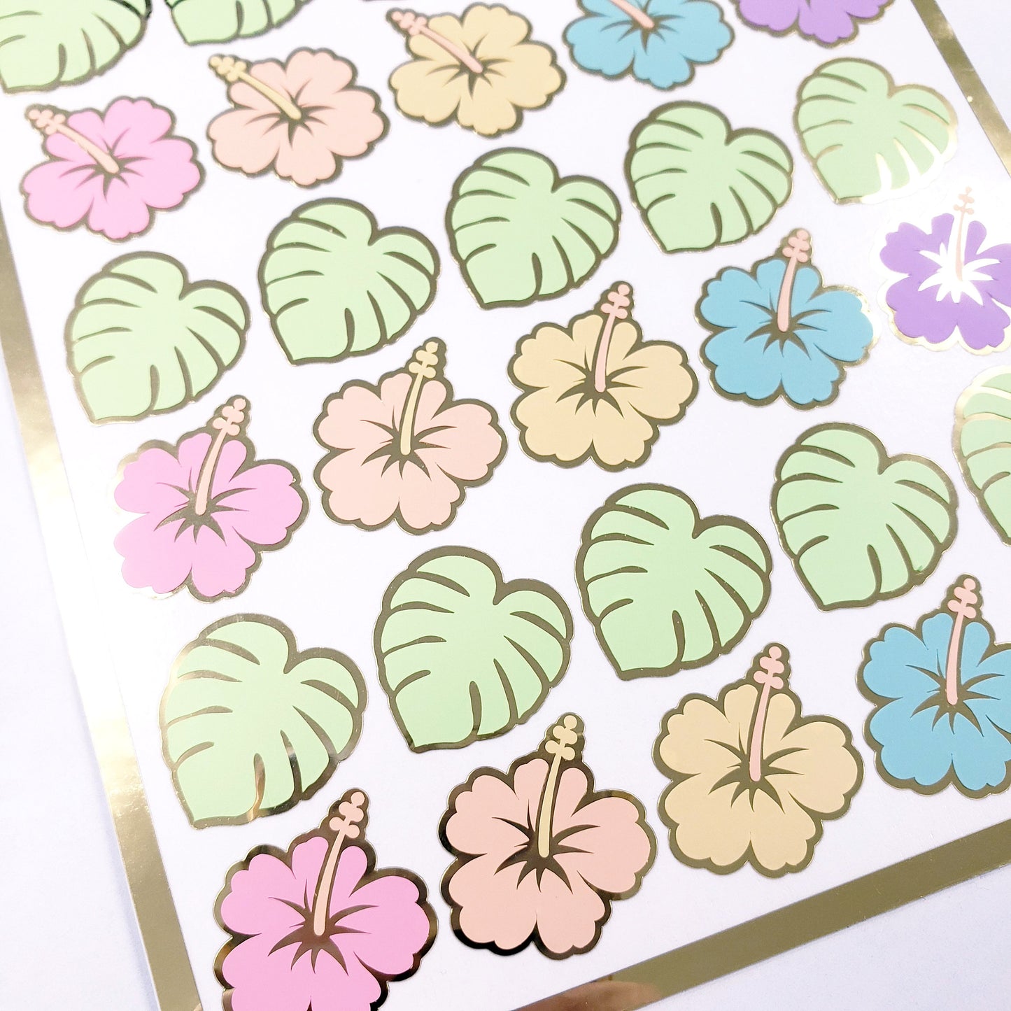 Tropical Flower Stickers, set of 20 hibiscus blooms and 15 monstera leaf stickers for journals, scrapbook pages, stationery and envelopes.