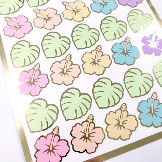 Tropical Flower Stickers, set of 20 hibiscus blooms and 15 monstera leaf stickers for journals, scrapbook pages, stationery and envelopes.