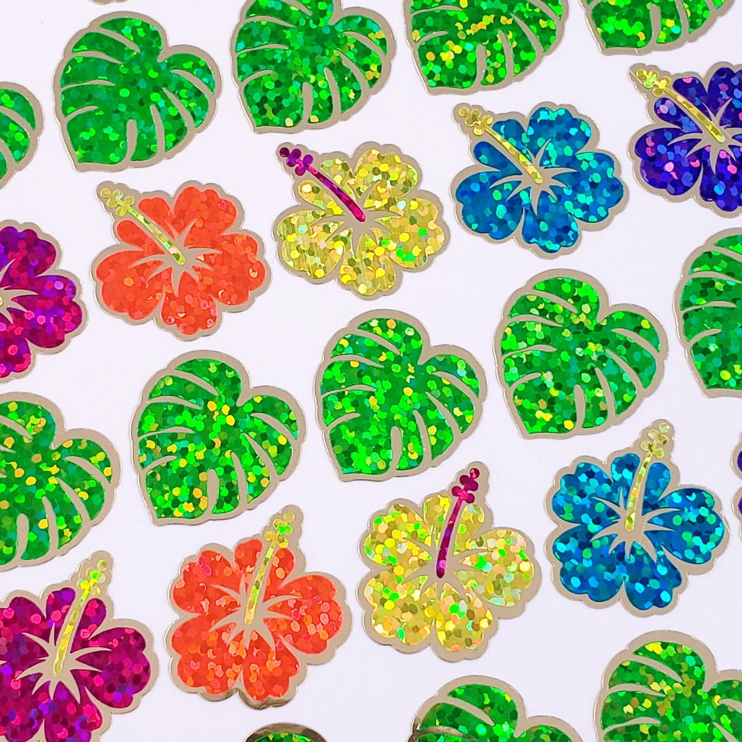 Tropical Flower Glitter Stickers, set of 20 hibiscus flower blooms and 15 monstera leaf stickers for journals, stationery, and envelopes.