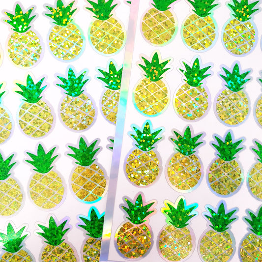 Pineapple Glitter Stickers, set of 30 peel and stick tropical fruit stickers, tropical luau party stickers.