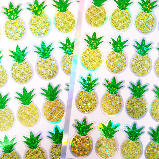Pineapple Glitter Stickers, set of 30 peel and stick tropical fruit stickers, tropical luau party stickers.