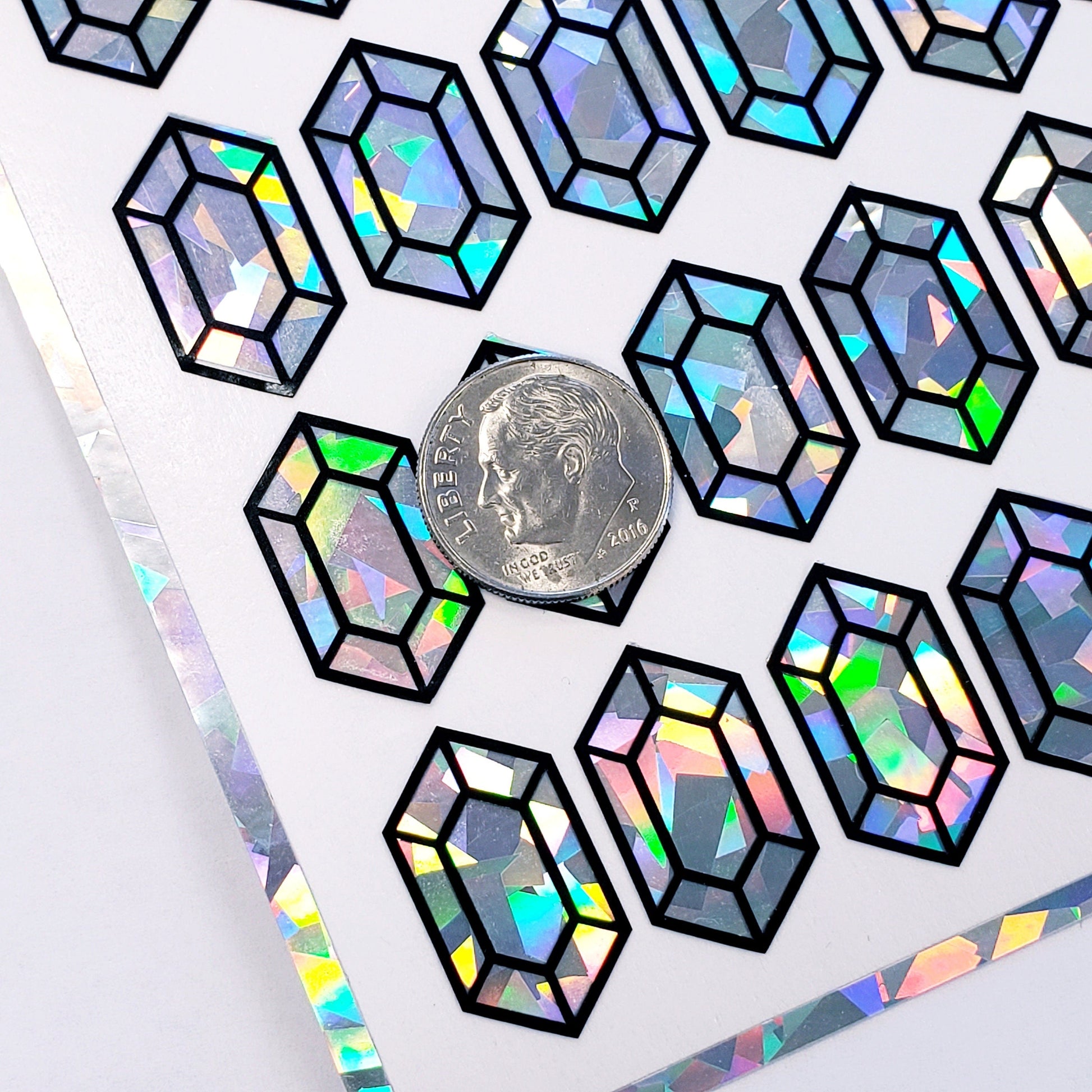 Diamond gemstone stickers, set of 36 small sparkly rupee shaped decals for laptops, notebooks, journals, Treasure stickers for gamers.