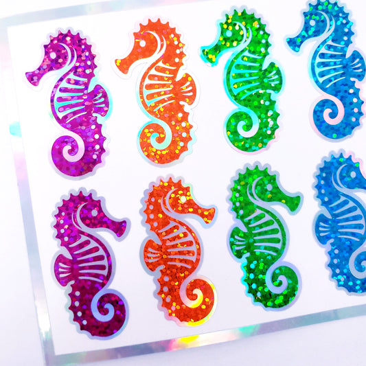 Seahorse Glitter Stickers, set of 12 colorful vinyl stickers for kids, teachers, journals, beach wedding decor, ocean themed small gift.