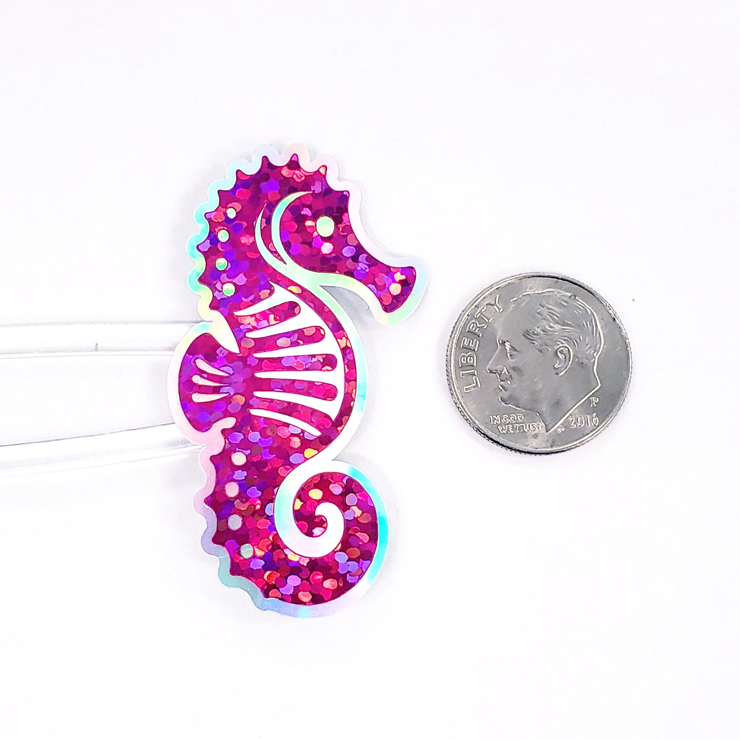 Seahorse Glitter Stickers, set of 12 colorful vinyl stickers for kids, teachers, journals, beach wedding decor, ocean themed small gift.