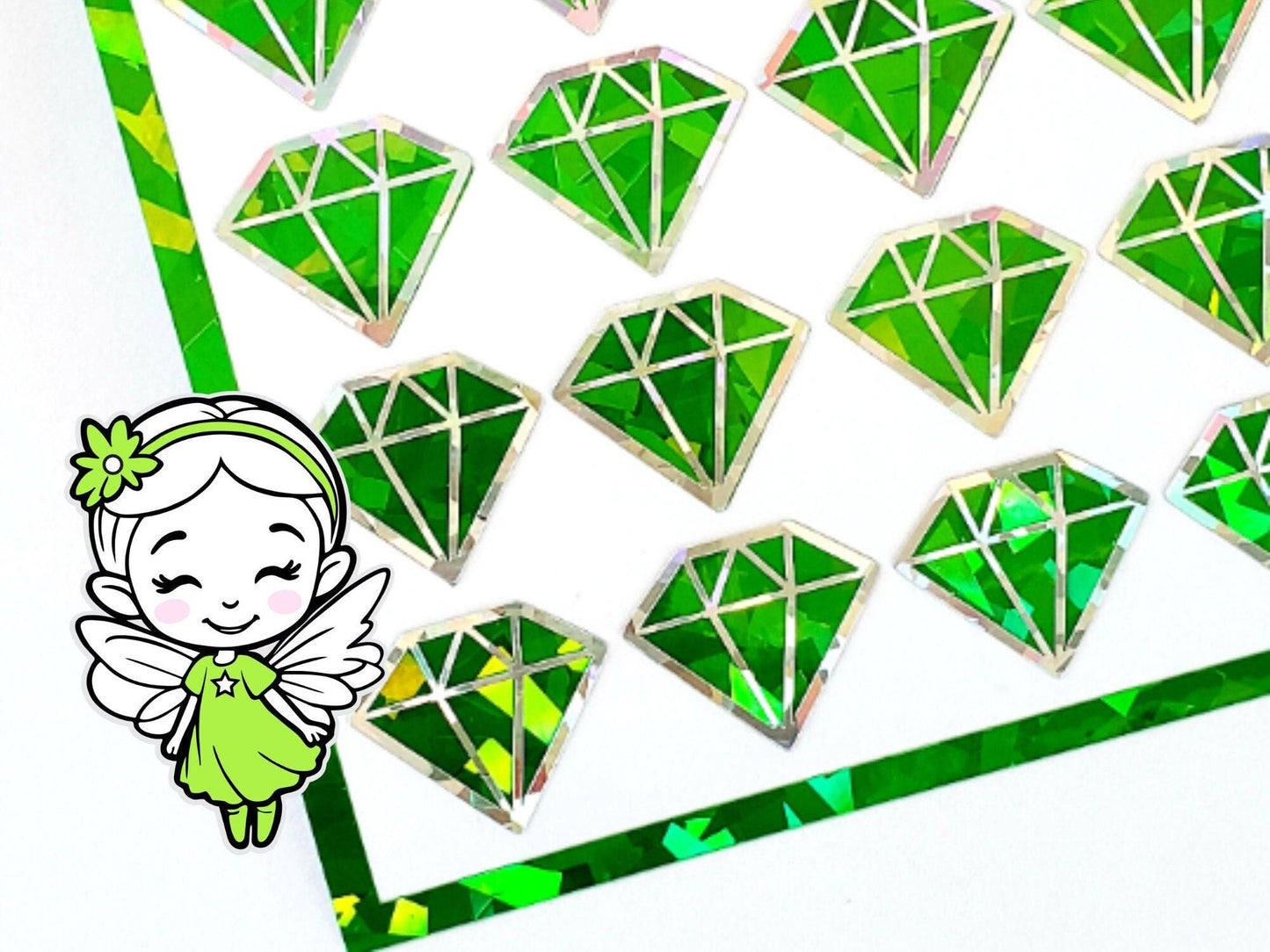 Green Crystal Jewel Stickers, set of 40 sparkly peridot birthstone stickers for August birthday, Virgo zodiac gift, diamond shape stickers.