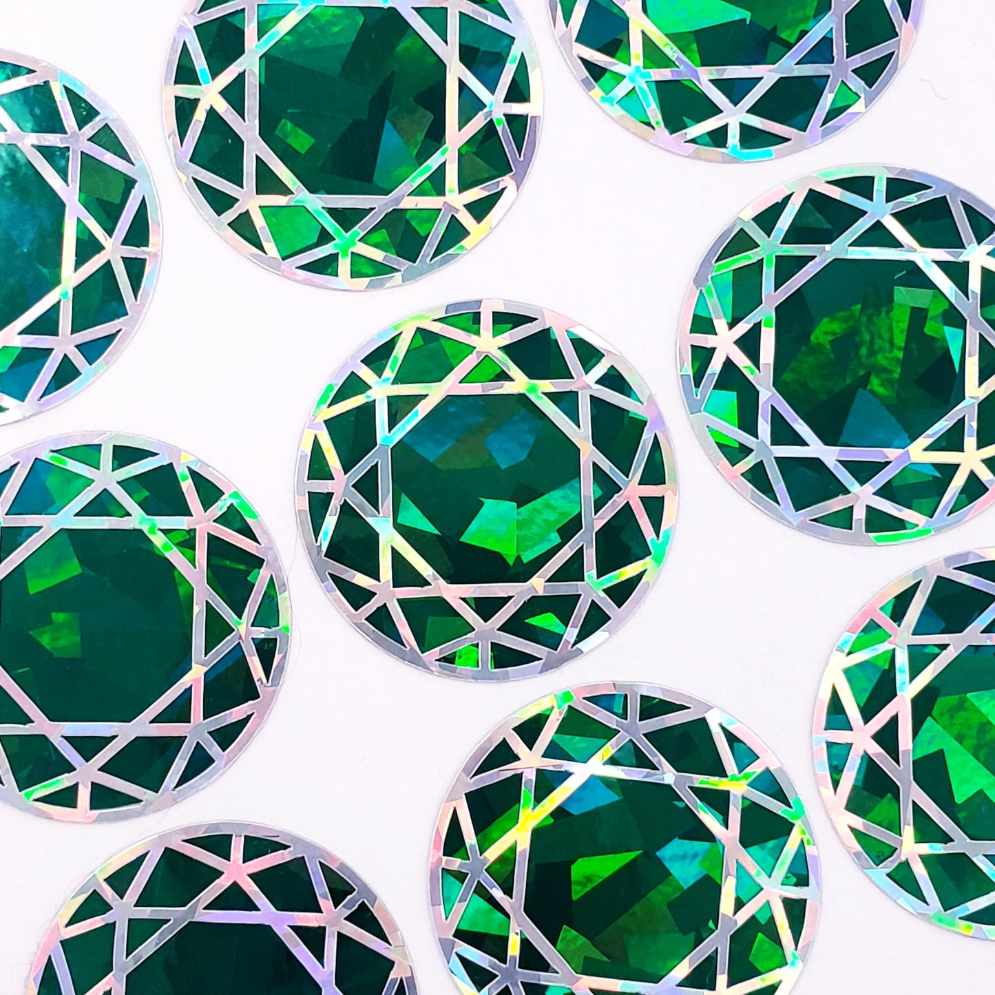 May Birthstone stickers, set of 20 sparkly round dark emerald green decals for gifts, notecards, journals and scrapbook page embellishments.