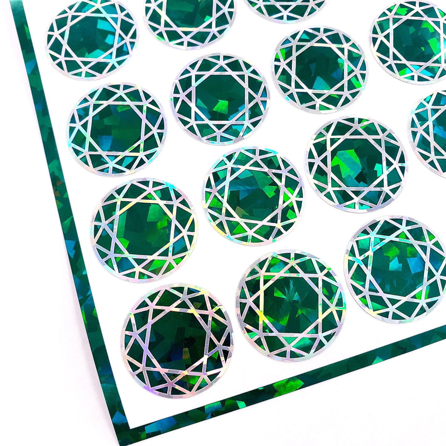 May Birthstone stickers, set of 20 sparkly round dark emerald green decals for gifts, notecards, journals and scrapbook page embellishments.