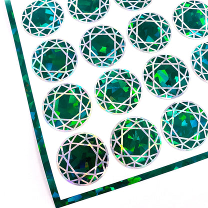 May Birthstone stickers, set of 20 sparkly round dark emerald green decals for gifts, notecards, journals and scrapbook page embellishments.