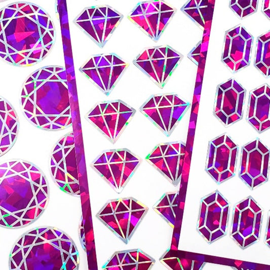 Pink Diamond Sticker Bundle, set of 96 sparkly hot pink gemstone stickers for October birthday, Libra zodiac gift, Free shipping.