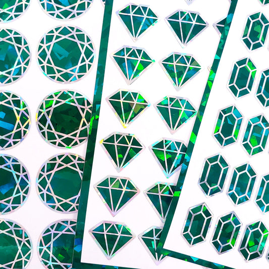 Green Diamond Sticker Bundle, set of 96 sparkly dark green gemstone stickers for May birthday, Taurus zodiac gift, Free shipping.
