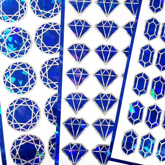 Blue Diamond Sticker Bundle, set of 96 sparkly faux sapphire gemstone stickers for September birthday, Virgo zodiac gift, Free shipping.