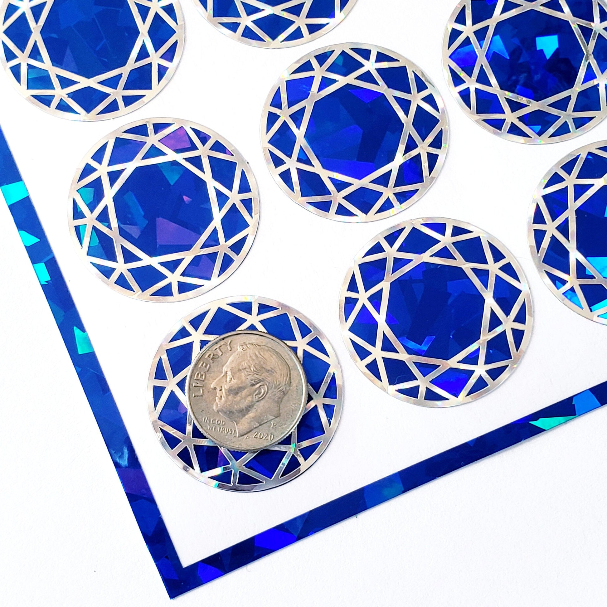 Blue Diamond Stickers, set of 20 sparkly faux sapphire gemstone round stickers for September birthday, Virgo zodiac gift, Free shipping.