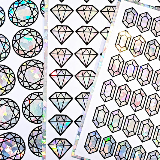 Diamond Sticker Bundle, set of 96 sparkly faux white diamond gemstone stickers for April birthday, Aries the ram zodiac gift, Free shipping.