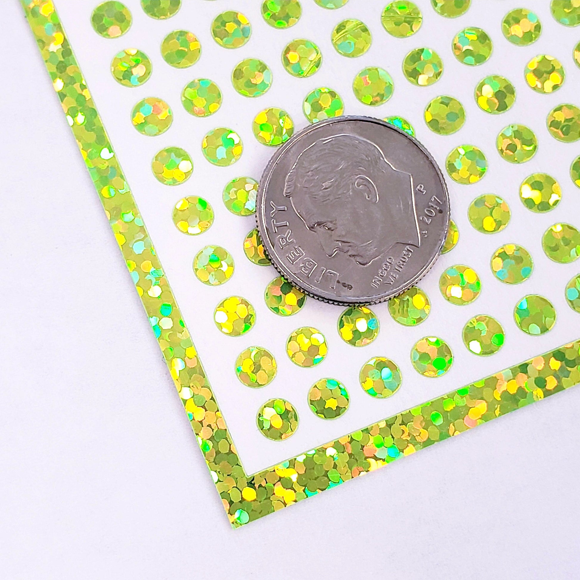 Extra Small Yellow Green Glitter Dot Stickers. Set of 750 micro sized neon dots for journals, planners, goal trackers, calendars and crafts.