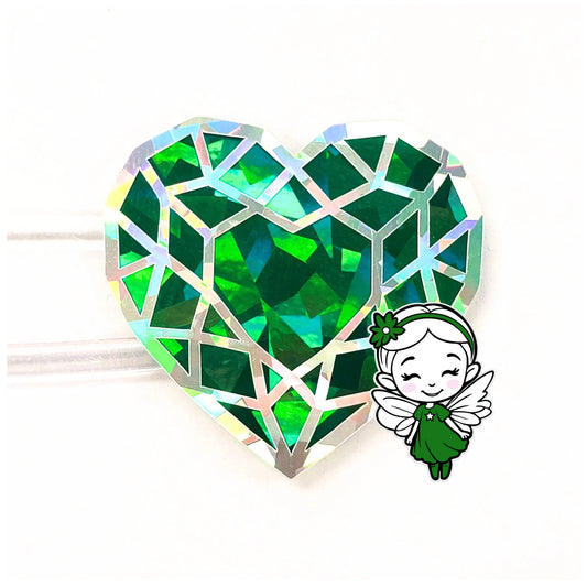 Dark Green Heart Diamond Stickers, set of 5 sparkling emerald faux gems, vinyl decals for journals, tumblers, cards, May birthstone gift.