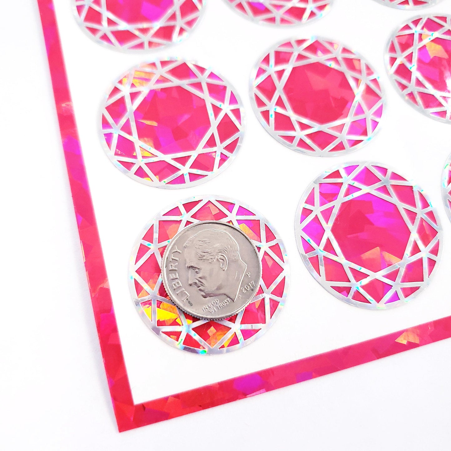 Bright Pink Diamond Stickers, set of 20 small sparkly round pink jewel decals for Libra birthday gift.