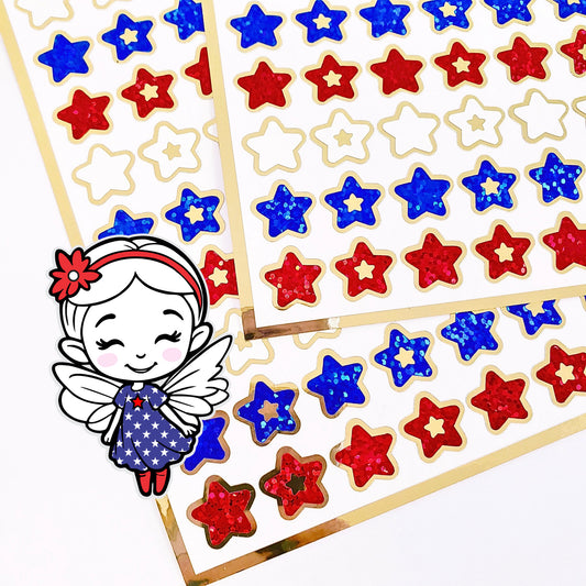 Star Stickers, set of 70 patriotic red, white, blue and gold stars for Memorial Day, July 4th, American Flag Decor, Glitter Sticker Sheet.