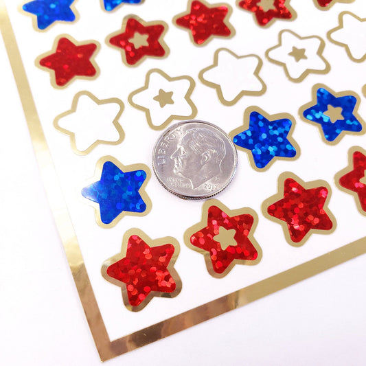 Star Stickers, set of 70 patriotic red, white, blue and gold stars for Memorial Day, July 4th, American Flag Decor, Glitter Sticker Sheet.