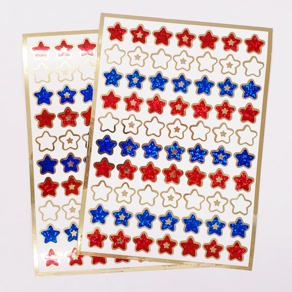 Star Stickers, set of 70 patriotic red, white, blue and gold stars for Memorial Day, July 4th, American Flag Decor, Glitter Sticker Sheet.