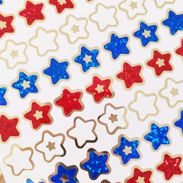 Star Stickers, set of 70 patriotic red, white, blue and gold stars for Memorial Day, July 4th, American Flag Decor, Glitter Sticker Sheet.