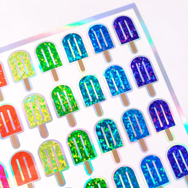Popsicle Stickers, Set of 42 sparkly Rainbow Frozen Ice Pop Decals for Birthday Party Invitations, Envelopes, and Planners.