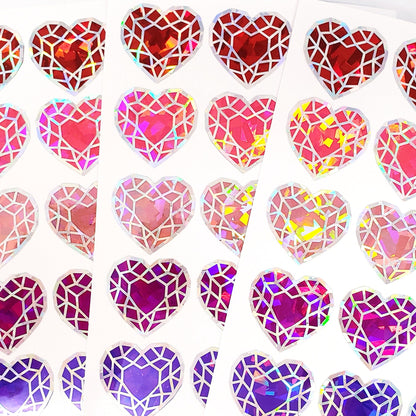 Red Ruby Heart Jewel Stickers, set of 5 sparkling gemstone vinyl decals for journals, tumblers, notecards and crafts, July birthstone gift.
