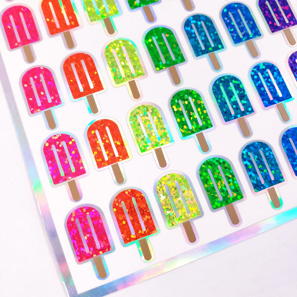 Popsicle Stickers, Set of 42 sparkly Rainbow Frozen Ice Pop Decals for Birthday Party Invitations, Envelopes, and Planners.